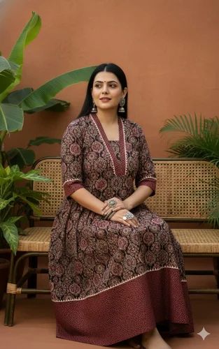 Printed Cotton Aajrak A-line Kurtis, Length: Knee Length