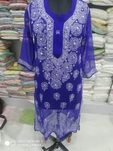 Chiffon Kurti Hand Work Rose Pattern