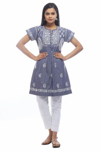Lucknowi Chikan Kurti Denim Chikankari Hand Embroidered