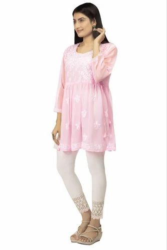 Embroidered Baby Pink Georgette Short Frock Kurti, Size: M, Wash Care: Handwash
