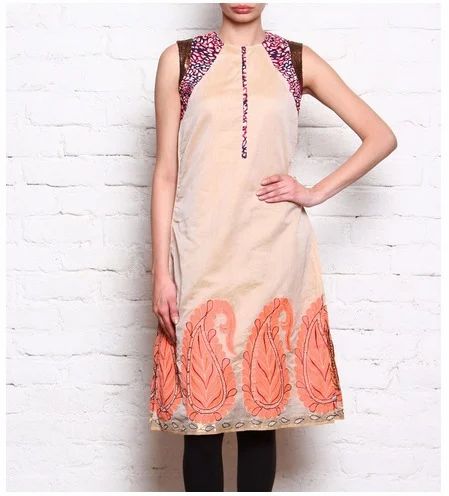 Beige Sequined Brocade Kurti