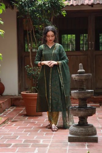 Green Handloom v neck kurti