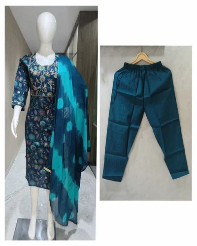 Blue (Base) Modal Print Silk Straight Kurti, Size: M L XL XXL 3XL