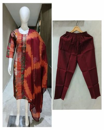 Red (Base) Silk Printed Straight Kurti, Size: M L XL XXL 3XL