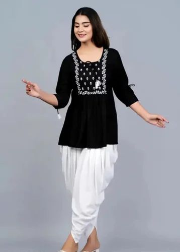 Ladies Chiffon White Black Kurti Dhoti Pant Set