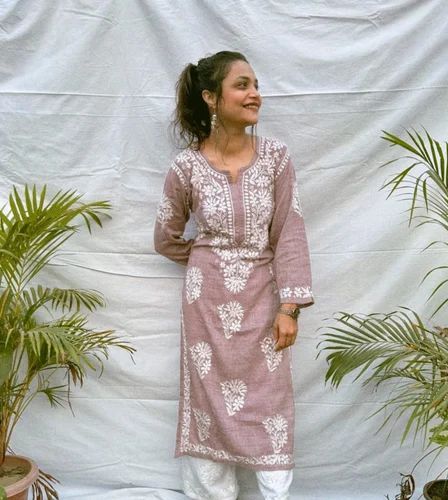 Lenin Cotton Kurtis Full Sleeve Round Neck Knee Length Regular Fit