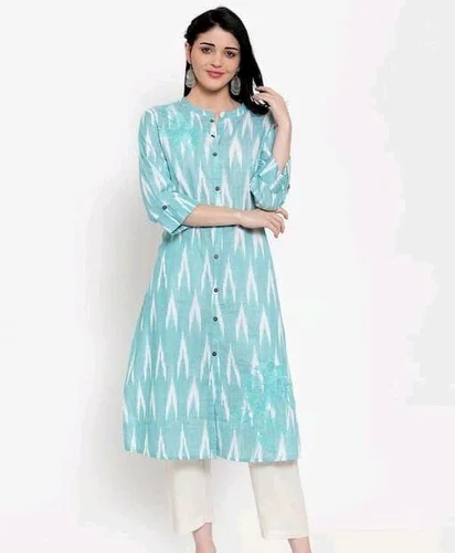 Blue Cotton Ikat Kurti, Size: Extra Large