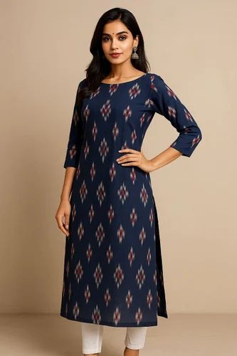 Blue Ikat Cotton Kurti, Size: Medium