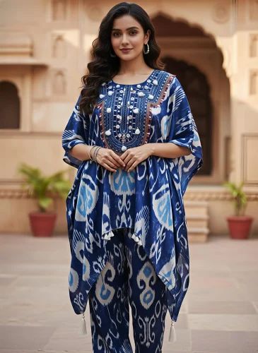 Indigo Ikat Embroidered Kaftan Kurti