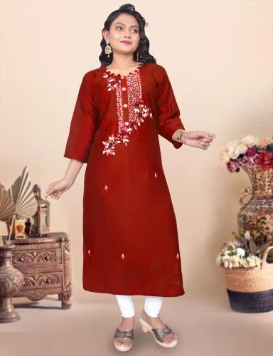 Party Wear Ladies Red Polyester Embroidered Kurti