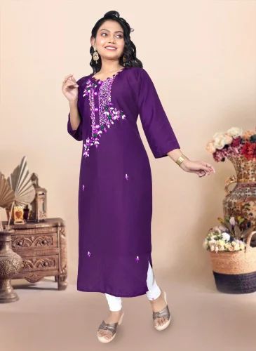 Ladies Purple Polyester Embroidered Kurti