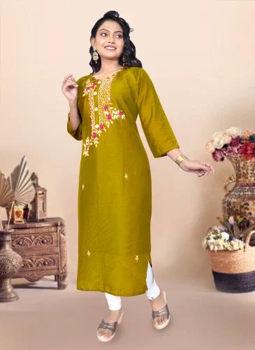 Ladies Dark Mustard Polyester Embroidered Kurti