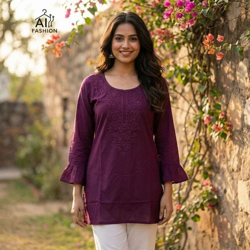 Rayon Trendy Design New Short Kurti In Chikan Work, Machine Chikankari