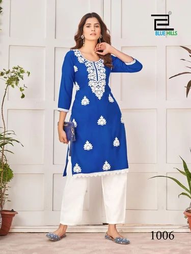 Cotton Lakhnavi Chikankari Kurti, Blue, Straight