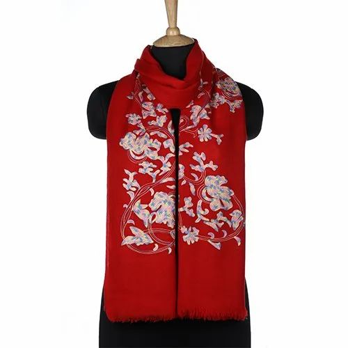 Saan Designs Red Base Hand Thread Embroidery On Merino Wool Stole
