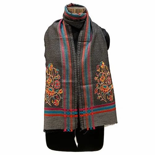 Saan Designs Black Base Merino Wool with Border Embroidery Design Stole
