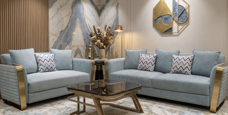Modern Velvet Sofa Set with Gold Metal Trim