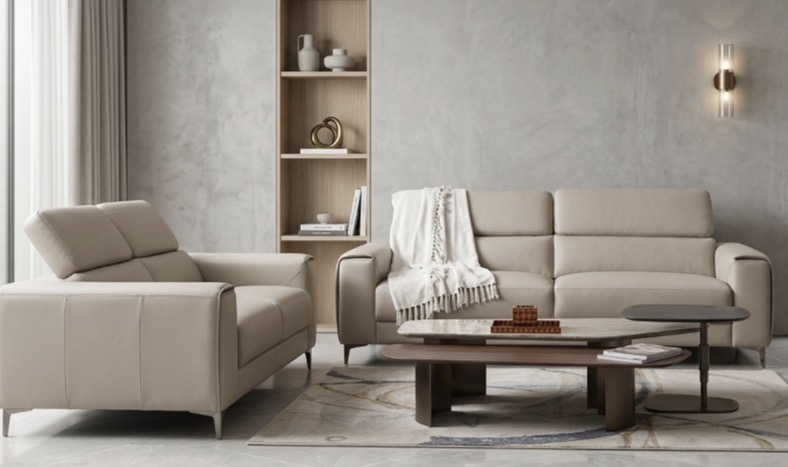 Beige Adjustable-Headrest Leather Sofa
