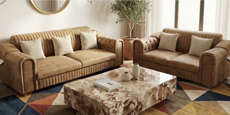Cognac Channel-Tufted Sofa