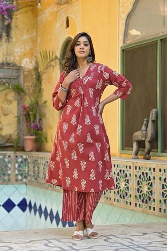 Printed Cotton Kurti With Palazzo Set, Straight