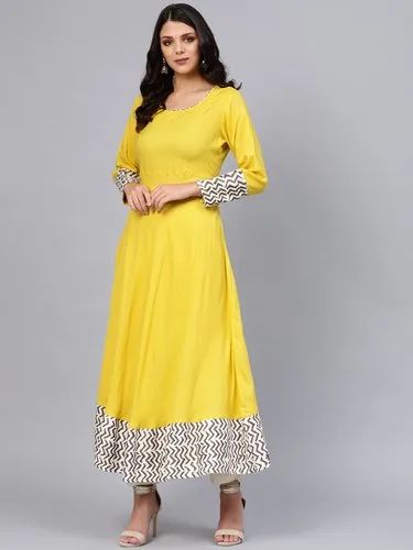 Solid Mustard Yellow Rayon Anarkali, Size: XS-10XL