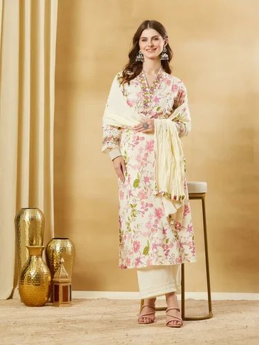 Festive Wear Divena White A-Line Cotton Kurta Pant Set With Dupatta