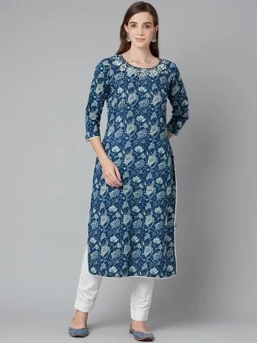 Divena Blue Floral Straight Kurta, Printed