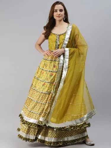 Divena Yellow Cotton Sleeves Less Anarkali Skirt Set With Dupatta