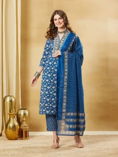 Divena Blue Floral Cotton Kurta Sets With Dupatta