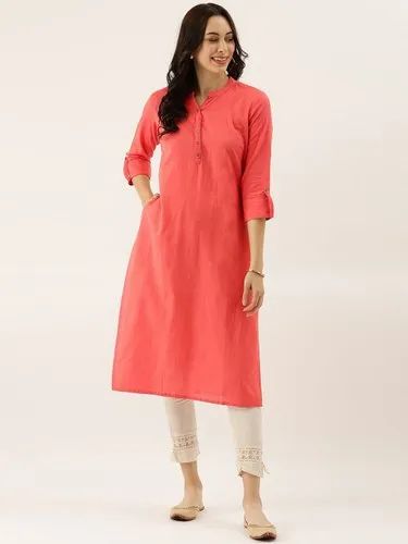 Cotton XS-7XL Divena Peach Solid Straight Roll Up Sleeve Kurti, Wash Care: Handwash