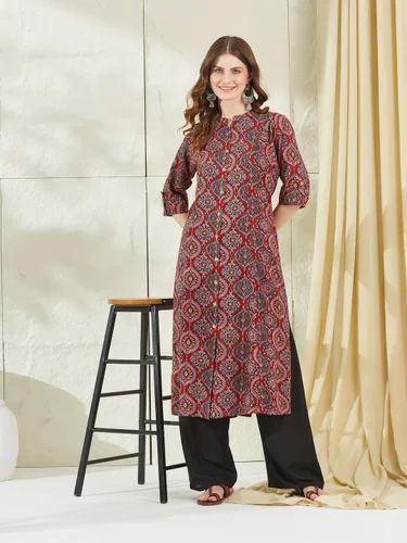 PRINTED Divena Maroon Rayon A-Line Kurta, Length: Calf Length