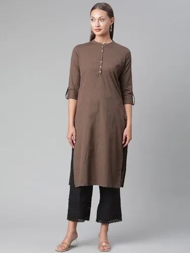 Divena Brown Cotton Flex Straight Kurti, Solid