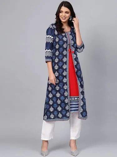 Blue Cotton And Rayon A Line Kurti, Size: XS-10XL