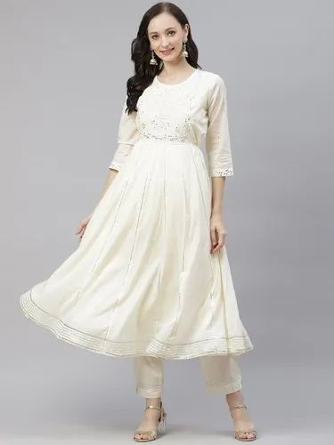Divena Off White Cotton Anarkali Kurta Pant Set, Size: XS-7XL