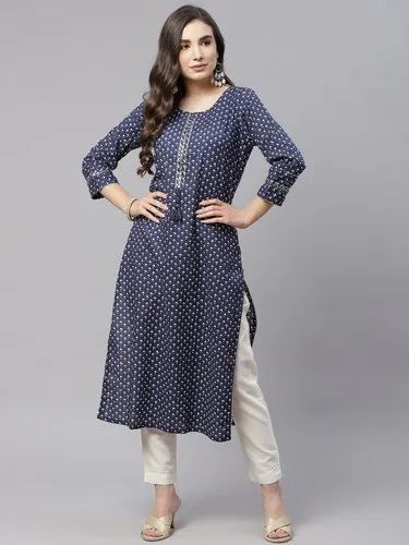 Divena Indigo Cotton Straight Kurti, Printed