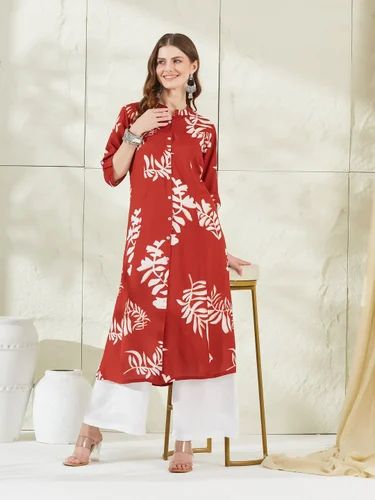PRINTED Divena Dark Orange Rayon A-Line Kurta, Length: Calf Length