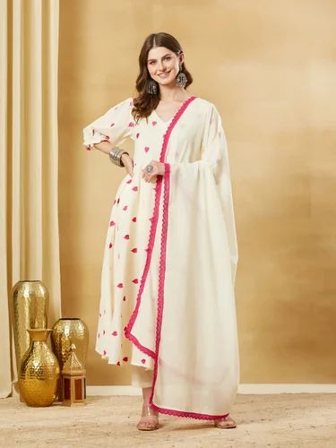 Divena Cream Heart Embroidered Cotton Anarkali Kurta Pant Set With Dupatta