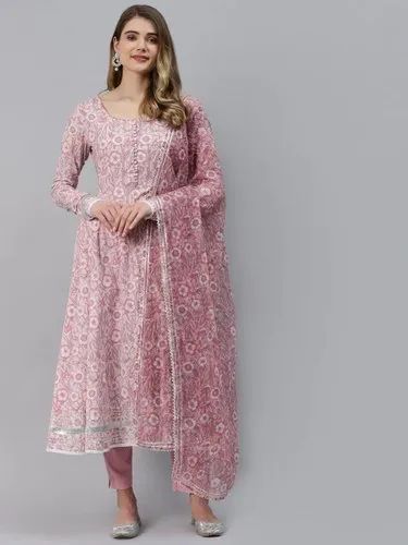 Ethnic Baby Pink Cotton Anarkali Kurta Pant Set With Dupatta