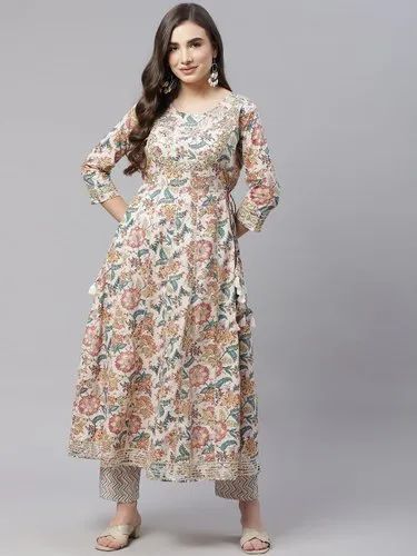 Divena Off white Cotton Anarkali Kurta Pant Set
