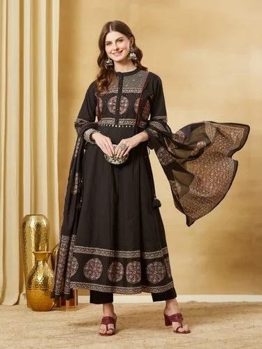 Festive Wear Divena Black Floral Print Cotton Anarkali Kurta Sets With Dupatta