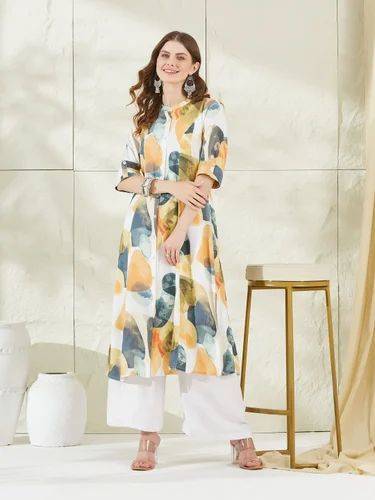 PRINT ed PRINT Divena Aqua Green Rayon A-Line Kurta, Length: Calf Length