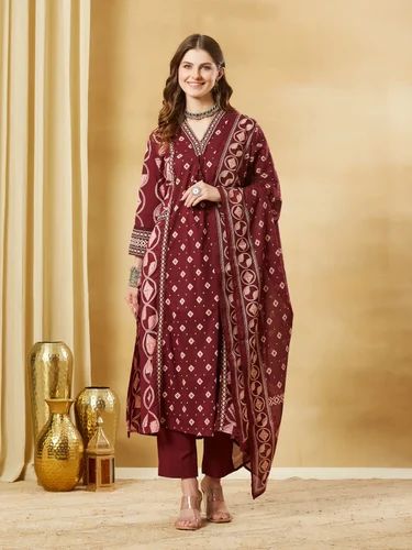 Mirror Work Bandhani Divena Maroon Floral Print Cotton A-Line Kurta Sets With Dupatta, Length: Calf Length