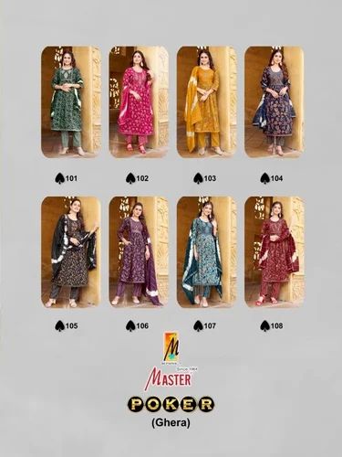 Master poker ghera fully stitch capsule print pretty look 3pcs dress online