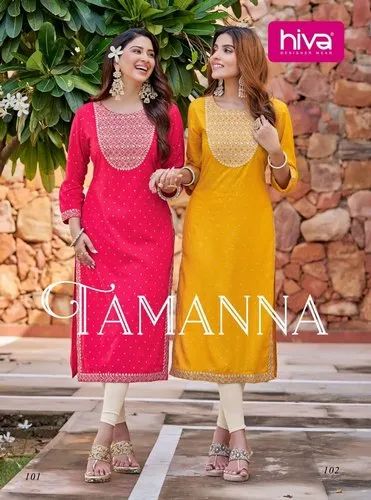 Straight Designer Partywear Fancy Rayon Embroidered Kurti