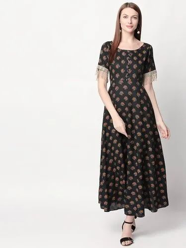 Casual Wear Womens Art Silk Printed Regular Kurti Black