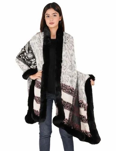 Plain Blue Woolen Jacquard Stole With 4 Side Fur Trim Stoles