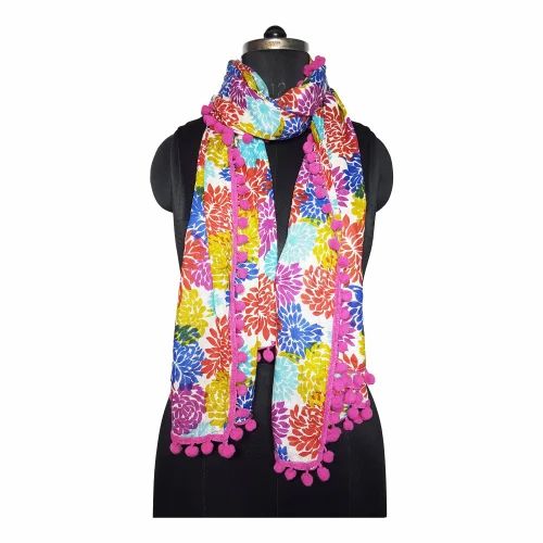Multicolor Cotton Printed Stoles With Pompom