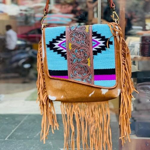 Custom made Bohemian Retro Leather Shoulder Bags with Hand-Tooled Floral Design & Fringe