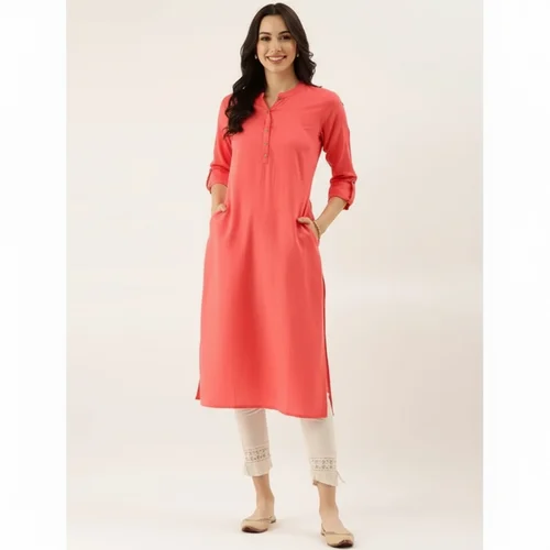 Peach Solid Straight Roll Up Sleeve Kurti, Cotton