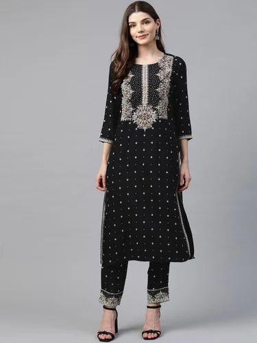 Cotton Black Printed Kurta With Pants, 2-Piece Set